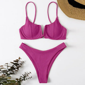 V Neck Textured Bikini